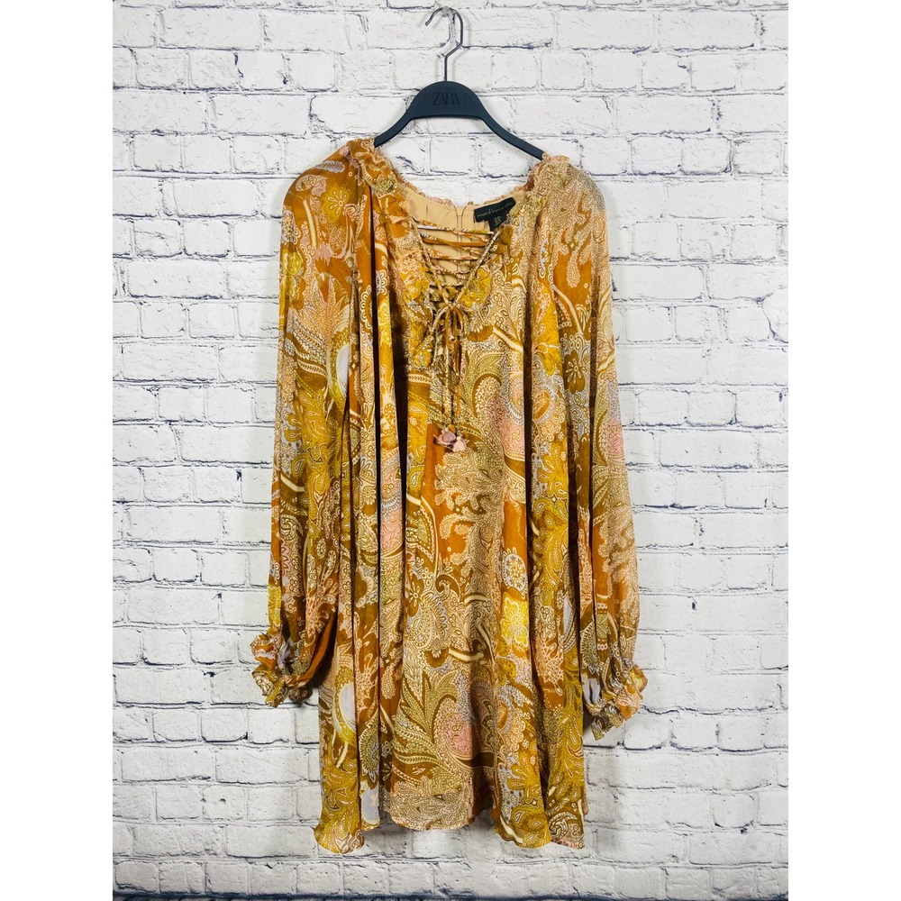 House of Harlow 1960 Dress Womens M Paisley Tassel Lace Up Yellow Excellent - Picture 2 of 10